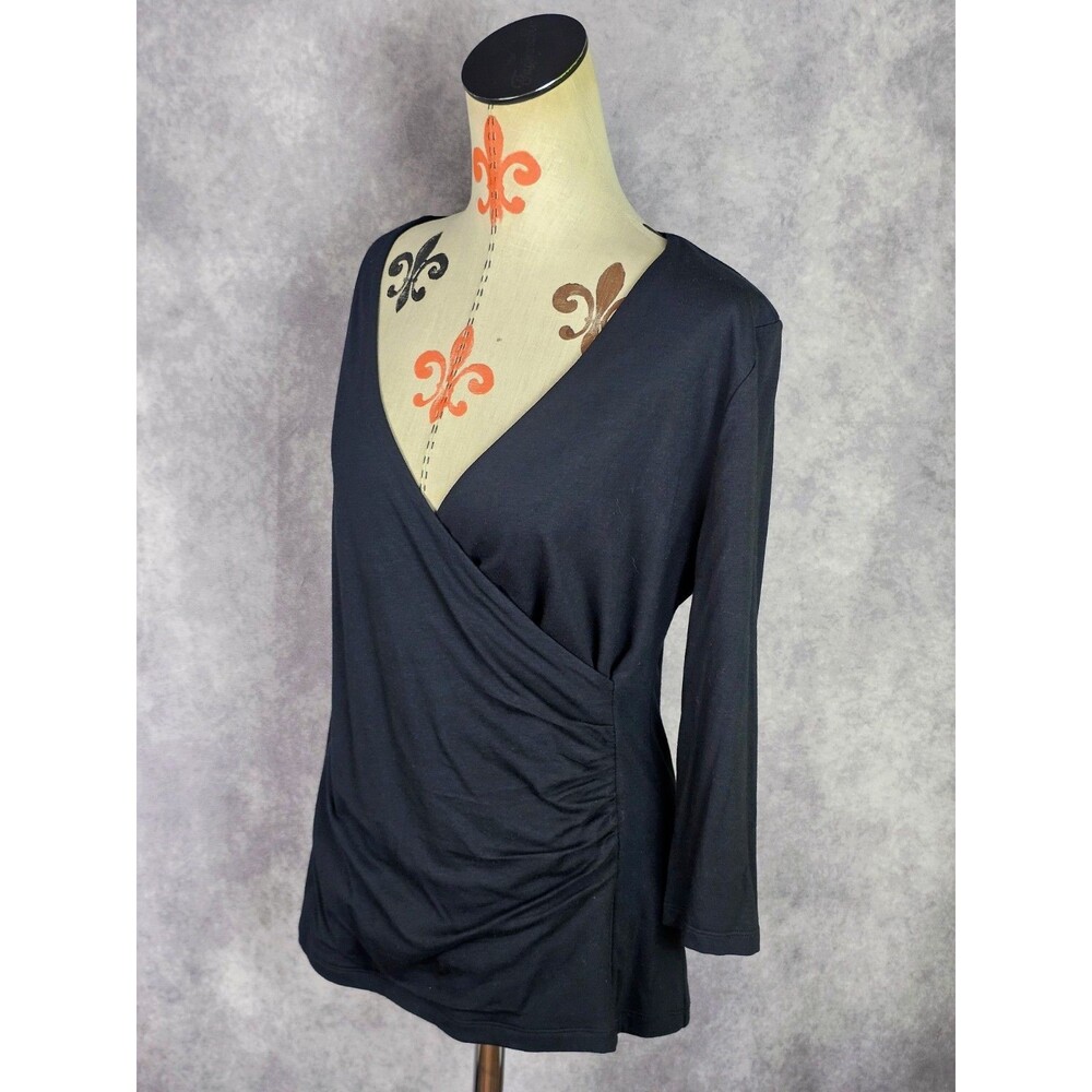 Soft Surroundings Top Shirt Faux Wrap Pima Cotton Bl 3/4 Slv Black Women L EUC